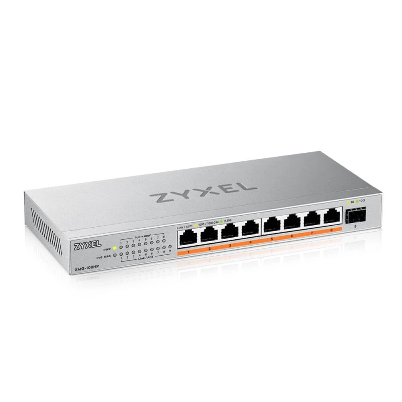 Image of Zyxel XMG-108 8 Ports 2,5G + 1 SFP+, 8 ports 100W total PoE++ Desktop MultiGig unmanaged Switch XMG-108HP-GB0101F