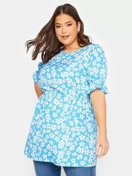 Image of Yours Yours Short Sleeve Top Blue Large Floral, Blue, Size 26-28, Women