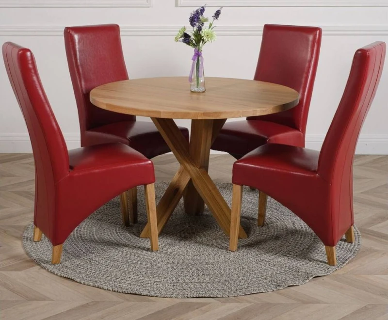 Image of Thats Furniture Oregon Round Oak Dining Table & 4 Lola Leather Chairs in Red Red Unisex