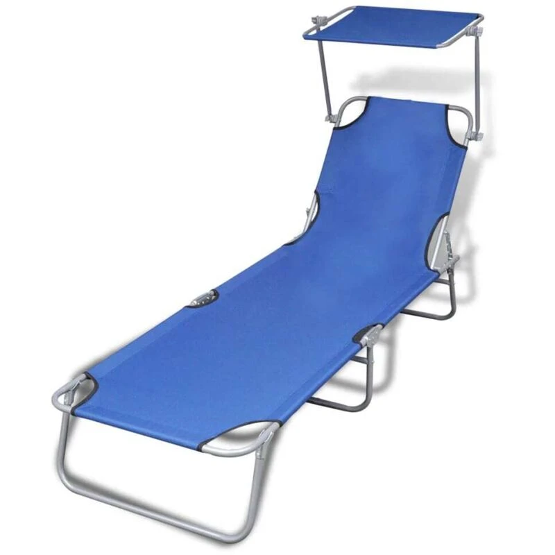 Image of Outdoor Foldable Sunbed with Canopy Blue 189 x 58 x 27 cm