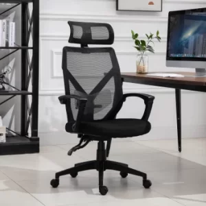 Image of Vinsetto Swivel Chair Ergonomic Home Office Chair Reclining Mesh Back Chair w/ Removable Headrest 5 Wheels Armrests Comfortable Support 360°Black