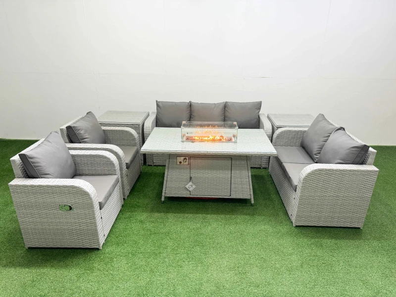 Image of Fimous PE Rattan Garden Furniture Set Reclining Chair Sofa Double Love Seat 2 Seater Sofa Lounge Set Firepit Dining Table 2 Side Table Light Grey Ligh