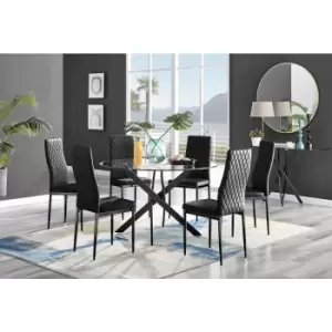 Image of Furniturebox UK - Furniturebox Novara Black Leg 120cm Round Glass Dining Table & 6 Black Milan Velvet Dining Chairs With Black Legs Diamond Stitch