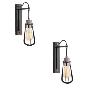 Image of 2 PACK Matt Black Industrial Wall Light - Black Chrome Knurled Lamp Holder