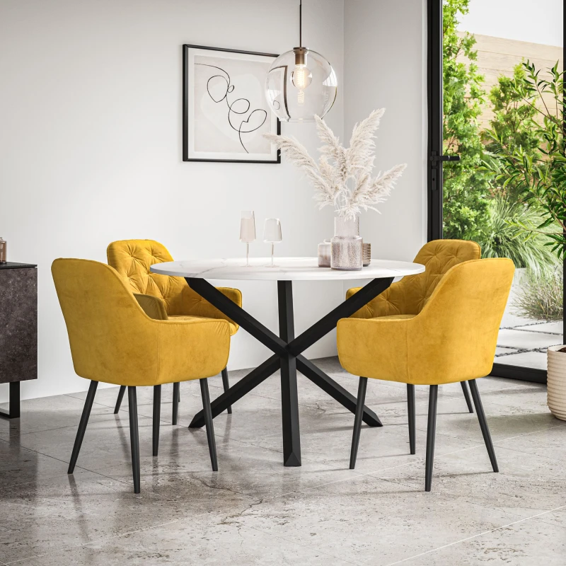 Image of More4Homes Malvern Round Dining Table And Chairs - Marble Table Top W Solid Black Oak Legs + Anika Velvet Dining Chair Set Of 4 (Mustard)