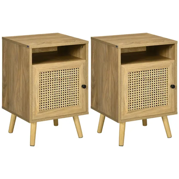 Image of Bedside Table Set of 2 End Table with Open Shelf Rattan Door