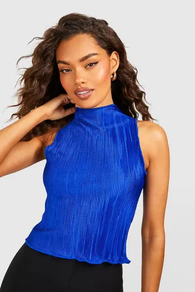 Image of boohoo Plisse High Neck Top Cobalt