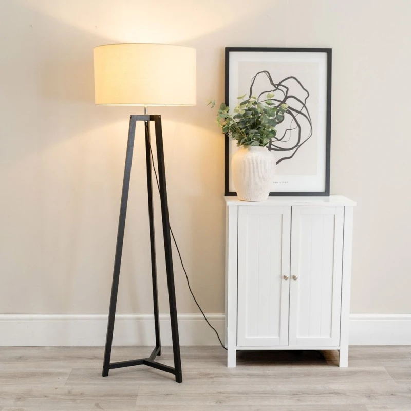 Image of ValueLights Lottie Black Wood Tripod Floor Lamp with Fabric Drum Shade Natural