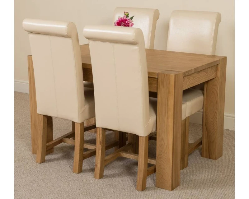 Image of Thats Furniture Kuba 125x80cm Chunky Oak Small Dining Table & 4 Washington Leather Chairs in Cream Size: 125x80cm Cream Unisex 125x80 cm