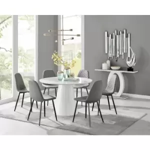 Image of Furniturebox Palma White High Gloss 6 Seat Minimalist Post Modern Round Dining Table & 6 Grey Corona Faux Leather Dining Chairs with Black Legs