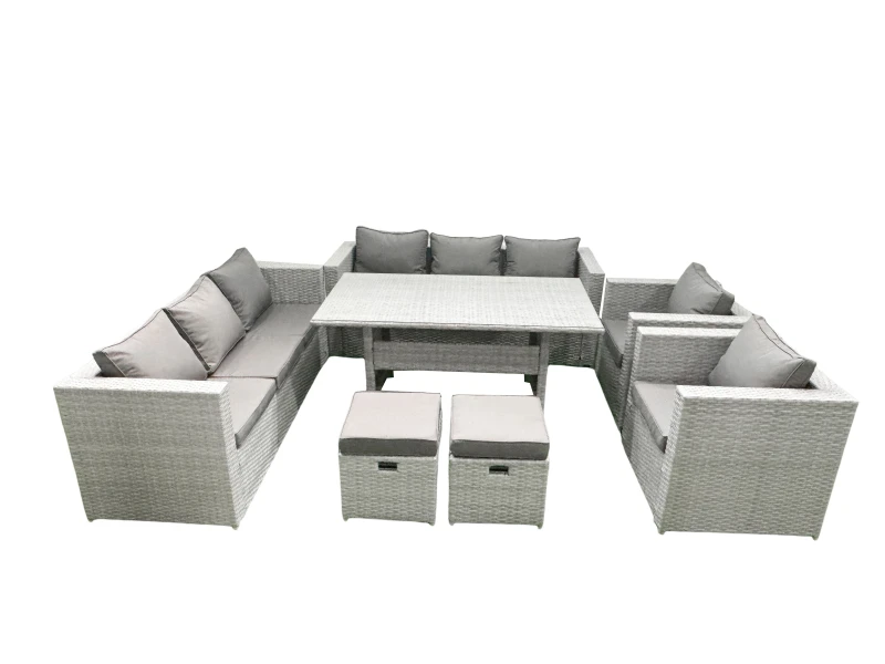 Image of Fimous Rattan Garden Furniture Set Outdoor 8 Seater Patio Dinin g Sofa Sets with Dining Table 2 Chairs 2 Small Footstools Light Grey Mixed Light Grey