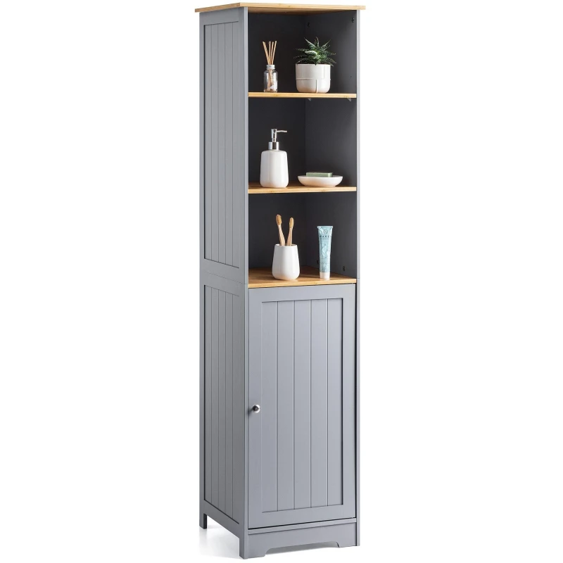 Image of Christow Bathroom Shelf Cabinet Grey Bamboo Freestanding Tallboy Storage Unit Grey