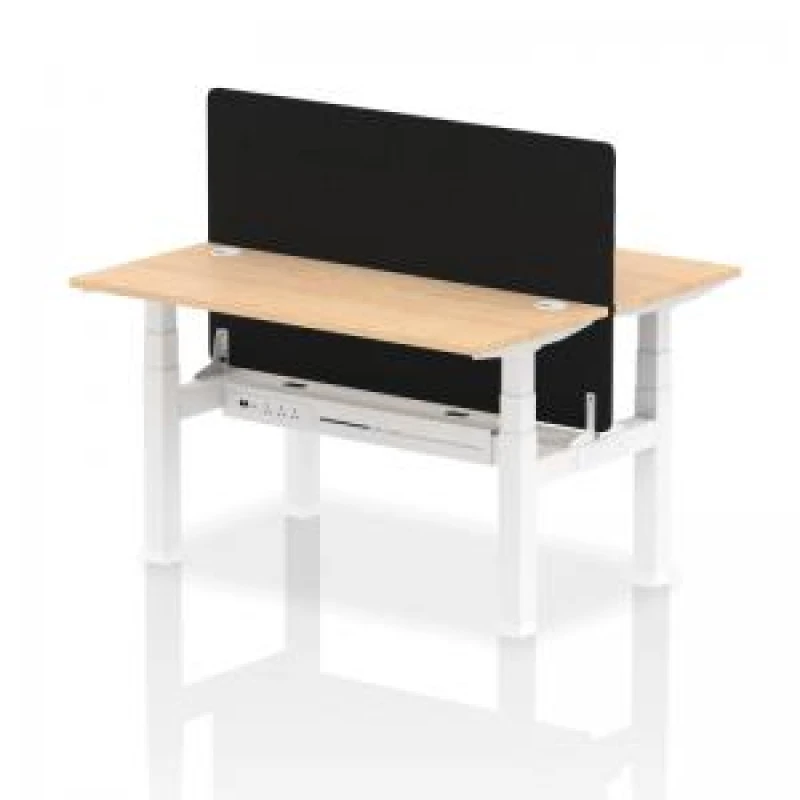 Image of Air Back - to - Back 1400 x 600mm Height Adjustable 2 Person Bench Office Desk Maple Top - Cable Ports White Frame - Black Straight Screen