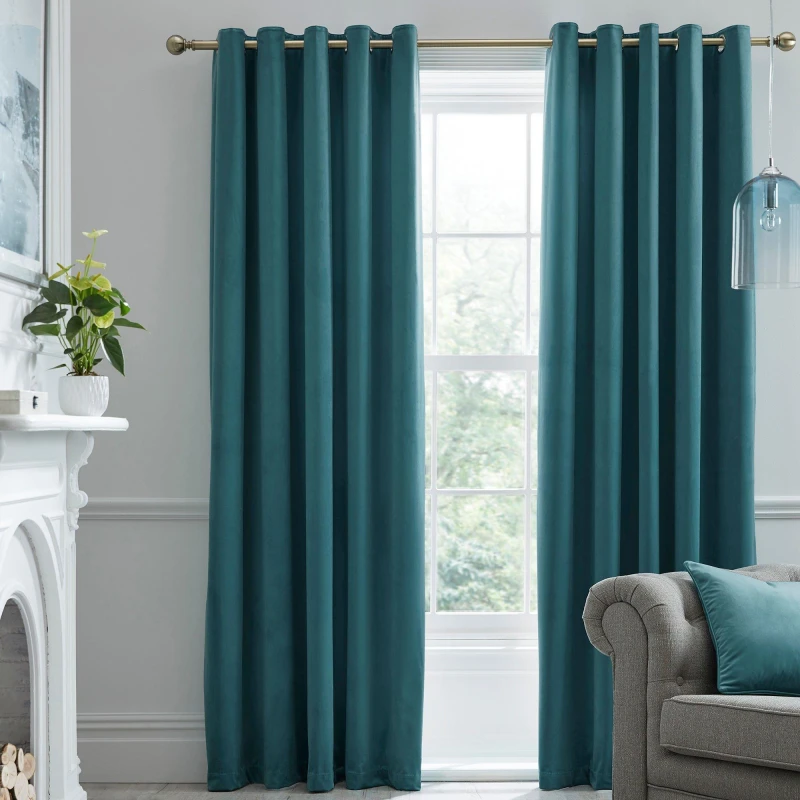 Image of Laurence Llewelyn-Bowen Montrose Thermal Velvet Eyelet Curtains in Teal - Green Green 9