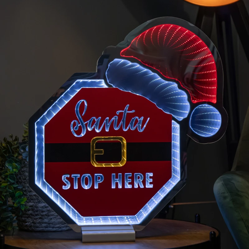 Image of 40cm Light up Christmas Santa Stop Here Sign with Hat Infinity Decoration & LEDs