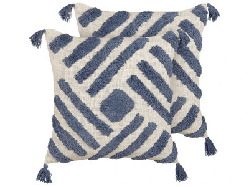 Image of Beliani Set Of 2 Decorative Cushions Jacaranda Cotton 45 X 45cm Blue Geometric Pattern