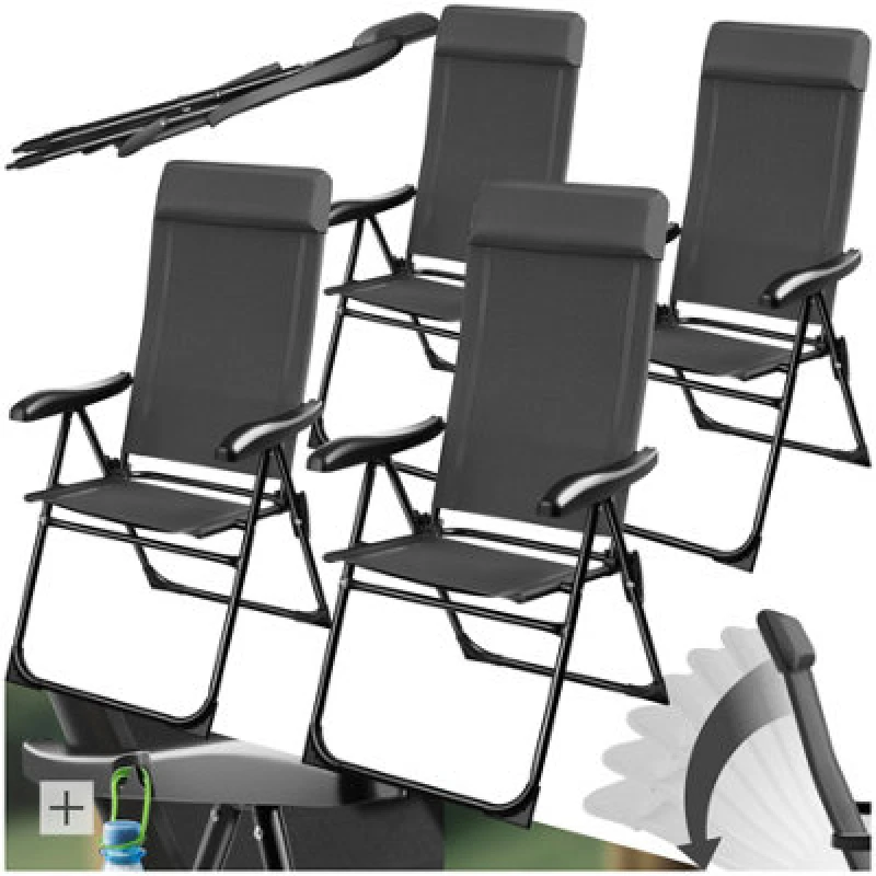 Image of Tectake Camping Chair Muritz - Folding, Lightweight, 7 Position Backrest, Weather Resistant - Anthracite - Set Of 4