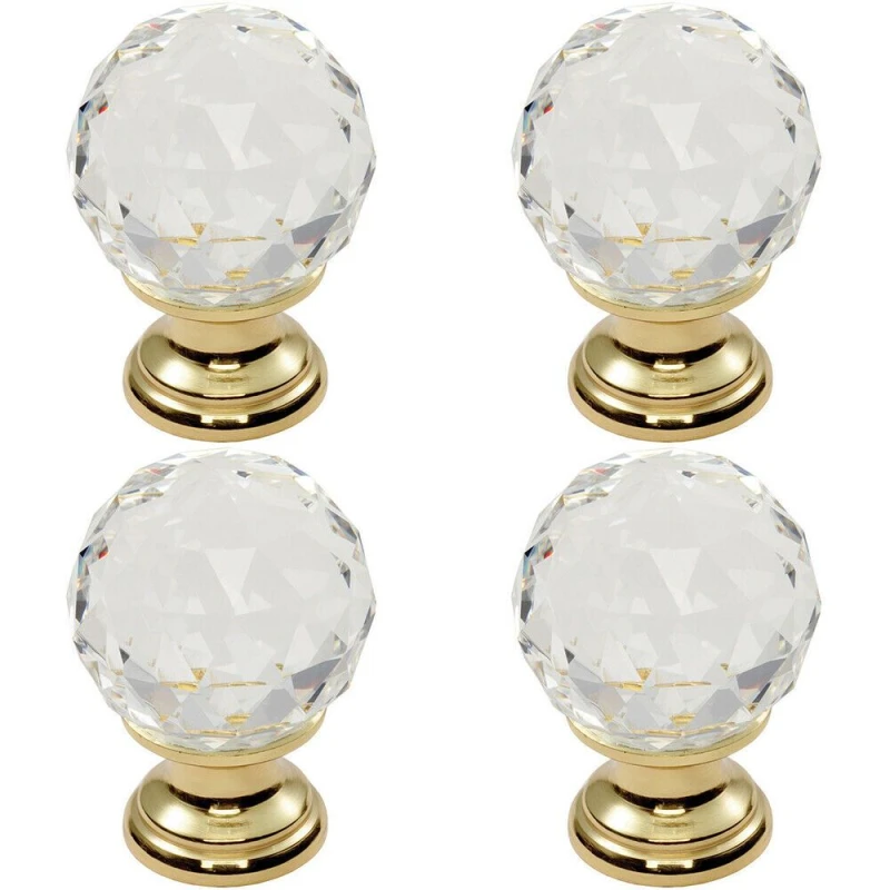Image of Loops 4x Faceted Crystal Cupboard Door Knob 31mm Dia Polished Brass Cabinet Handle Metallics unisex