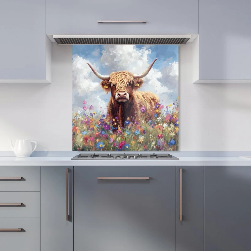 Image of Warren Reed - Designer Highland Cow In A Summer Meadow Kitchen Splashback Size: 600mm x 600mm Multicolor Unisex 600mm x 600mm