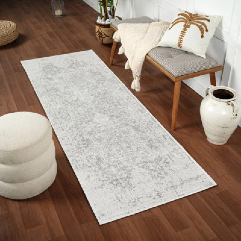 Image of Livabliss Vintage Oriental Boho Grey/white Juliette Runner Rug 80 X 220 Cm - Easy Care, Non Shedding, Ideal For Hallway Or Beside The Bed