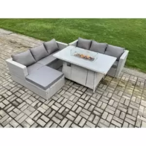 Image of Fimous 6 Seater Outdoor Light Grey Rattan Lounge Complete Sofa Set with Gas Fire Pit Dining Table and Big Footstool