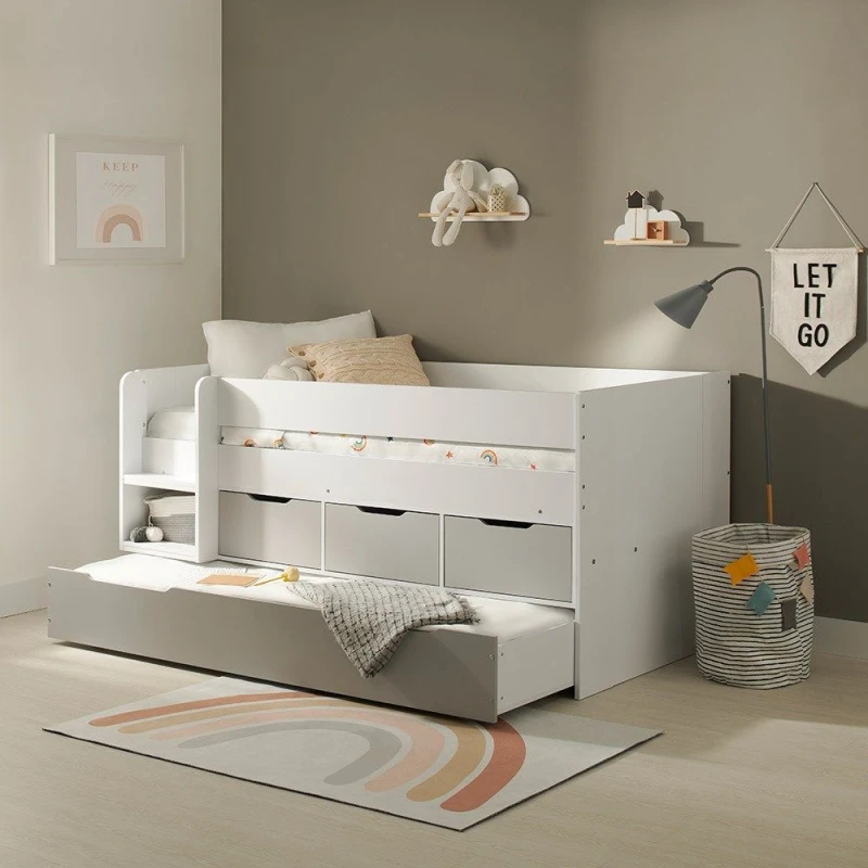 Image of Flair Lars Low Cabin Bed with Trundle & Storage Drawers in White Size: Single White Unisex Single