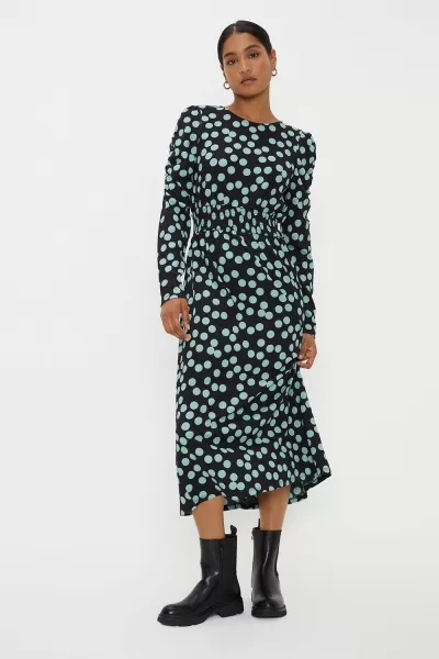 Image of Spot Shirred Waist Long Sleeve Midi Dress