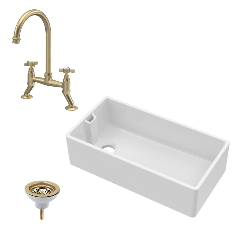Image of Balterley Fireclay Kitchen Bundle 1 Bowl Belfast Sink With Strainer Waste & Bridge Crosshead Mixer Tap, 895mm Brushed Brass