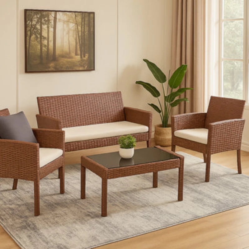 Image of Home Republic 4Pc Brown Rattan Patio Set With Sofa Chairs And Table Outdoor Garden Furniture With Cushions