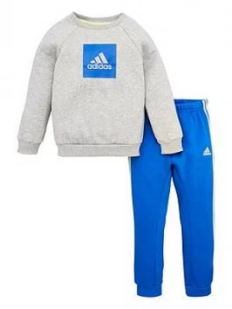 Image of Adidas Infant 2 Piece 3 Stripe Logo Sweatshirt And Jogger Set - Medium Grey Heather
