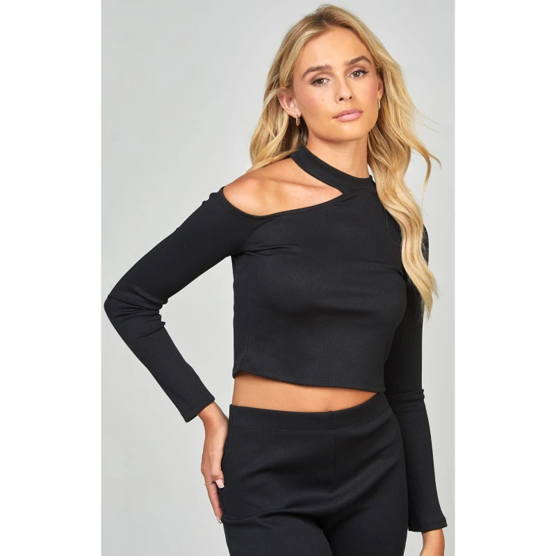 Image of SikSilk Ribbed Long Sleeve Top - Black XS