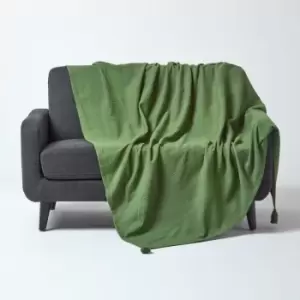 Image of Cotton Rajput Ribbed Dark Olive Throw, 225 x 255cm - Green - Homescapes