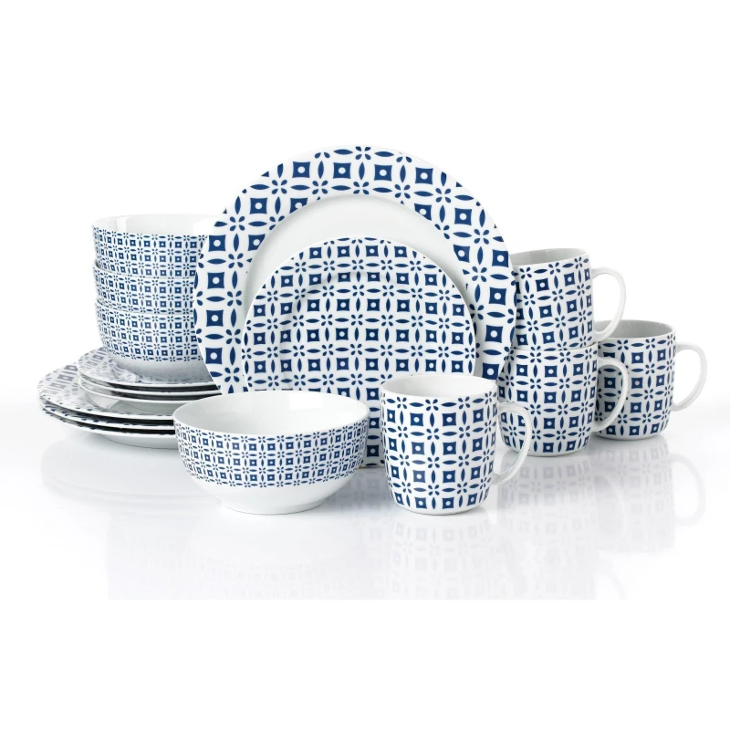Image of Waterside Waterside Blue Geo 16 Piece Dinner Set Blue - Waterside Blue HR89801