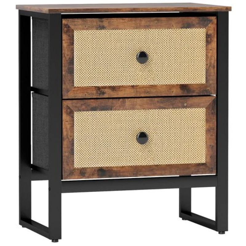 Image of HOMCOM Bedside Table, Side Table with 2 Rattan Drawers, Bedside Cabinet with Storage and Steel Legs, Brown 831-834V80RB