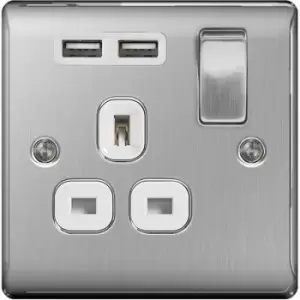 Image of BG Nexus Metal Brushed Steel Single 1 Gang Plug Socket with 2 x USB Outlet White Insert 13A - NBS21U2W