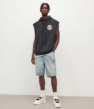 Image of AllSaints Mens Alva Damaged Denim Shorts, Blue, Size: 30