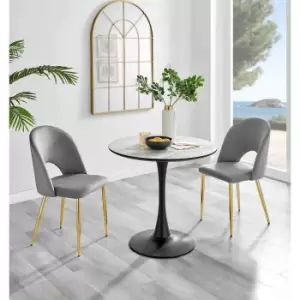 Image of Furniture Box Elina White Marble Effect Round Dining Table and 2 Grey Arlon Gold Leg Chairs