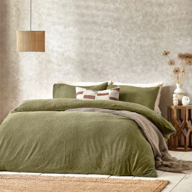 Image of Boucle Duvet Cover Set Olive, Olive / Double