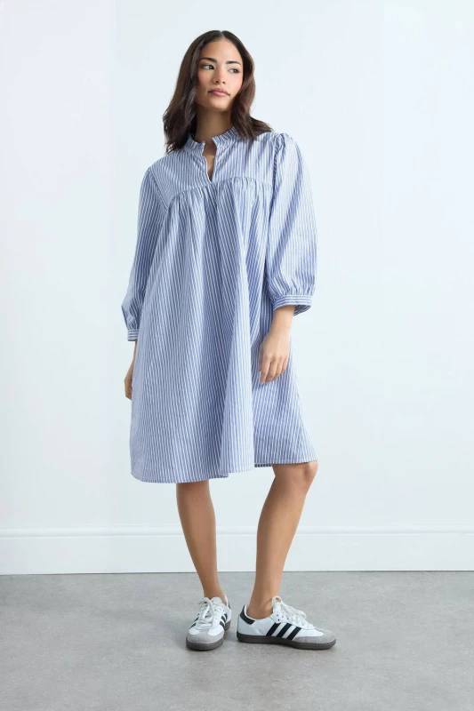 Image of PixieGirl Womens Petite Stripe Smock Dress in Light Blue Size: 12 Light Blue Female 12