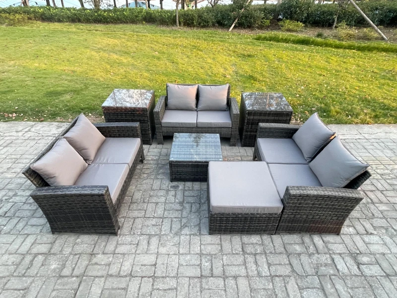 Image of Fimous 7 PCS Outdoor Lounge Sofa Set Wicker PE Rattan Garden Furniture Set with Square Coffee Table Double Seat Sofa in Dark Grey Dark Grey Unisex