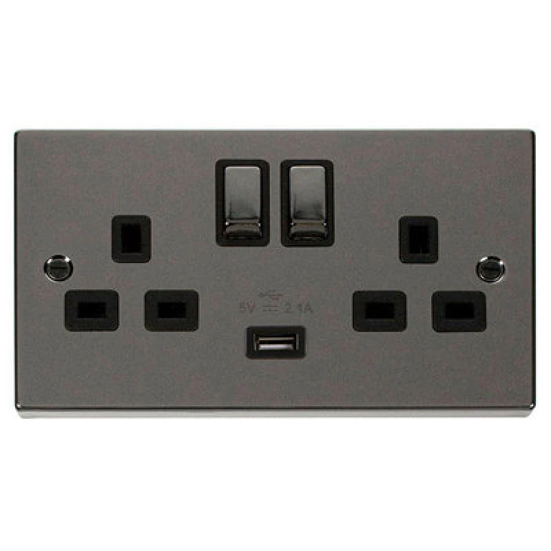 Image of SE Home Black Nickel 2 Gang 13A DP Ingot 1 USB Twin Double Switched Plug Socket Black