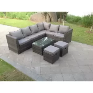 Image of Fimous 5 Seater Outdoor Dark Grey Rattan Lounge Complete Sofa Set with Rectangular Coffee Table and 2 Stools