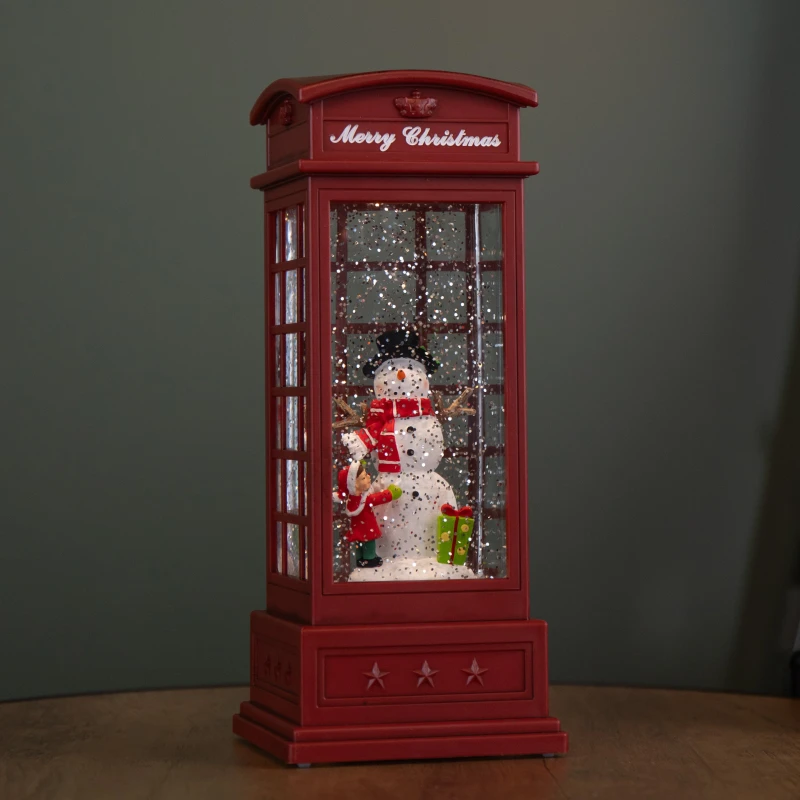 Image of 25cm Battery Operated Light up Christmas Phone Box Water Spinner with Snowman Scene & LEDs