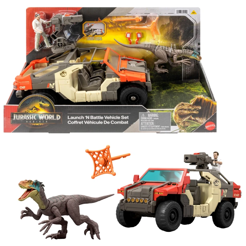 Image of ​Mattel Jurassic World Rebirth Vehicle with 1 Human & 1 Dinosaur Figure Launch 'N Battle Truck Martin Krebs Figure & Raptor Turret & 2 Projectiles