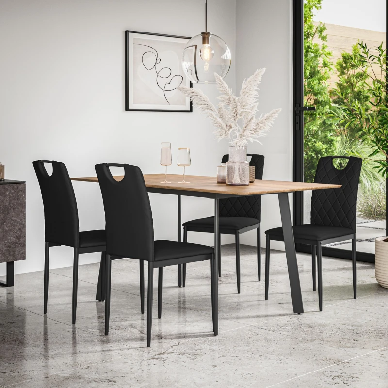 Image of More4Homes Haydon Extending Dining Table And Chairs - Oak Effect Table Top W Black Legs + Monza Faux Leather Dining Chair Set Of 6 (Black)