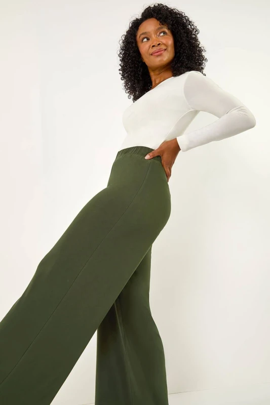 Image of Roman Womens Petite Wide Leg Stretch Trouser in Khaki Size: 10 Khaki Female 10