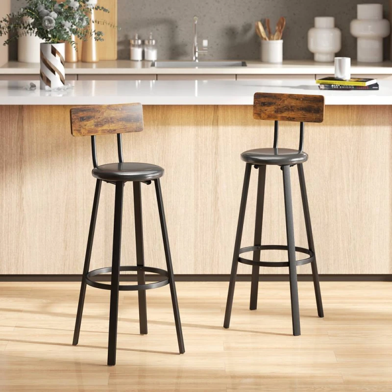 Image of HOMCOM Barstools Set of 2 with Padded Seat Backrest Rustic Brown Black, Brown 83A-358V00DR