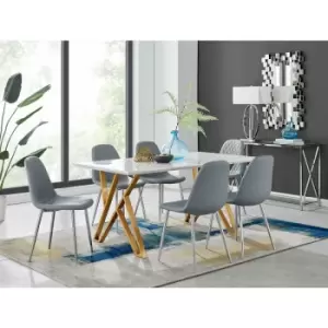 Image of Taranto White High Gloss Dining Table and 6 Grey Corona Faux Leather Dining Chairs with Silver Legs Diamond Stitch - Elephant Grey