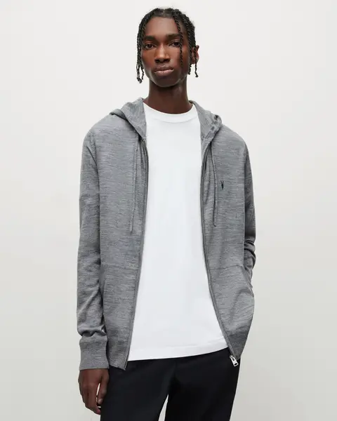 Image of AllSaints Mens Merino Wool Lightweight Mode Zip Hoodie, Grey, Size: XS