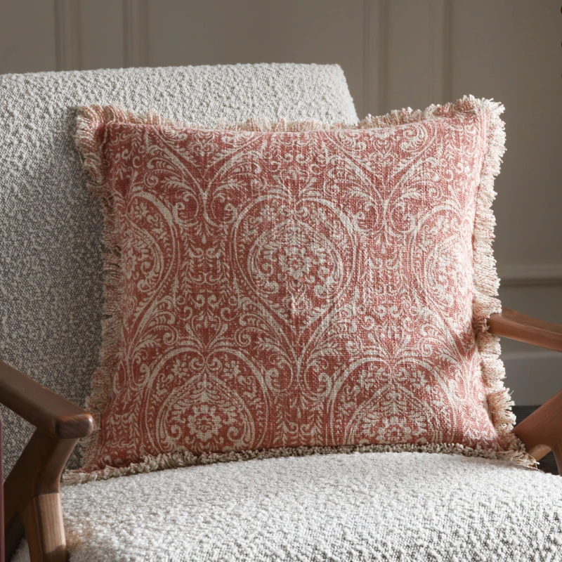 Image of Paoletti Durelle Paisley Fringed Polyester Filled Cushion Pale Pink